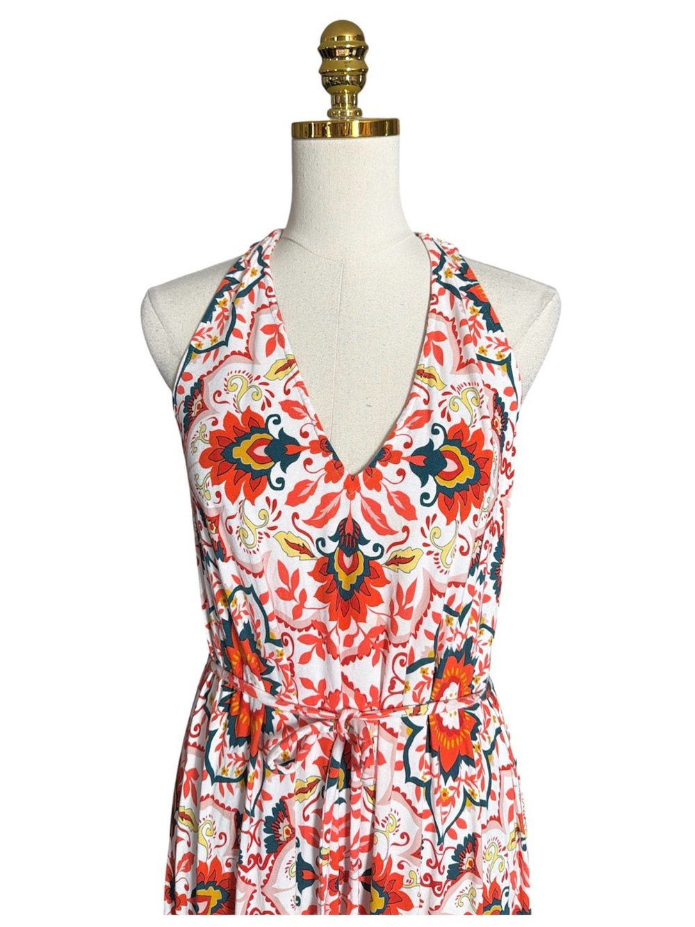 Boden Women Red Tile Print Halter Maxi Dress V-Neck Tie Waist Summer Resort 12R - Picture 7 of 13